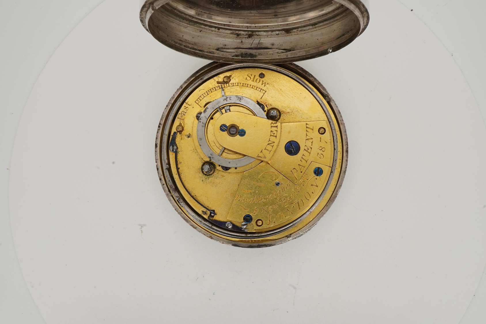 A late George III silver pair cased single fusee lever keywind patent pocket watch with alarm, by Viner, Royal Exchange & New Bond Street, London